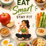 An animated illustration of healthy snack ideas featuring Greek yogurt with berries, mixed nuts, boiled eggs, apple with peanut butter, fresh grapes, banana with almonds, vegetable sticks with hummus, and a woman enjoying a healthy snack with the words "Eat Smart Stay Fit."