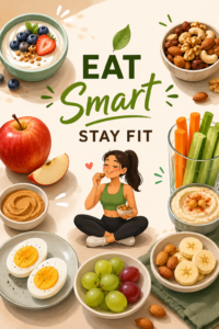 An animated illustration of healthy snack ideas featuring Greek yogurt with berries, mixed nuts, boiled eggs, apple with peanut butter, fresh grapes, banana with almonds, vegetable sticks with hummus, and a woman enjoying a healthy snack with the words "Eat Smart Stay Fit."