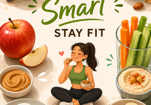 An animated illustration of healthy snack ideas featuring Greek yogurt with berries, mixed nuts, boiled eggs, apple with peanut butter, fresh grapes, banana with almonds, vegetable sticks with hummus, and a woman enjoying a healthy snack with the words "Eat Smart Stay Fit."