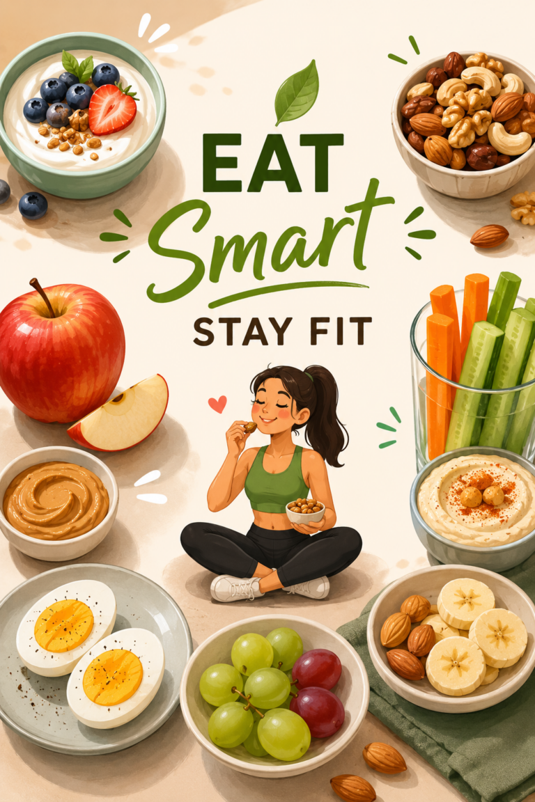 An animated illustration of healthy snack ideas featuring Greek yogurt with berries, mixed nuts, boiled eggs, apple with peanut butter, fresh grapes, banana with almonds, vegetable sticks with hummus, and a woman enjoying a healthy snack with the words "Eat Smart Stay Fit."