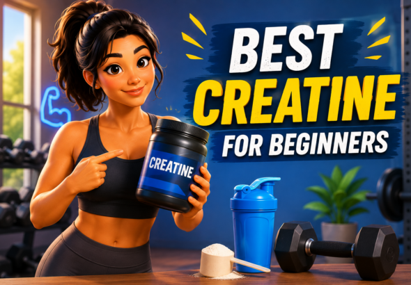Creatine supplement with shaker bottle and workout essentials for beginners