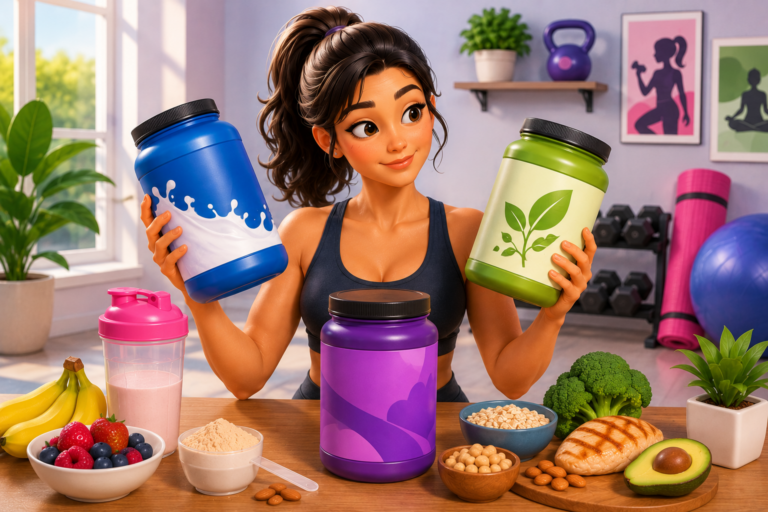 Woman holding a protein shake with healthy foods and fitness equipment