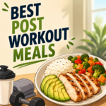 Animated illustration of healthy post-workout foods including grilled chicken, eggs, yogurt with berries, bananas, avocado toast, cottage cheese, fruit, nuts, and a protein shake, with gym equipment in the background and the text "Best Post Workout Meals."