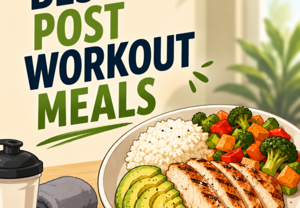 Animated illustration of healthy post-workout foods including grilled chicken, eggs, yogurt with berries, bananas, avocado toast, cottage cheese, fruit, nuts, and a protein shake, with gym equipment in the background and the text "Best Post Workout Meals."