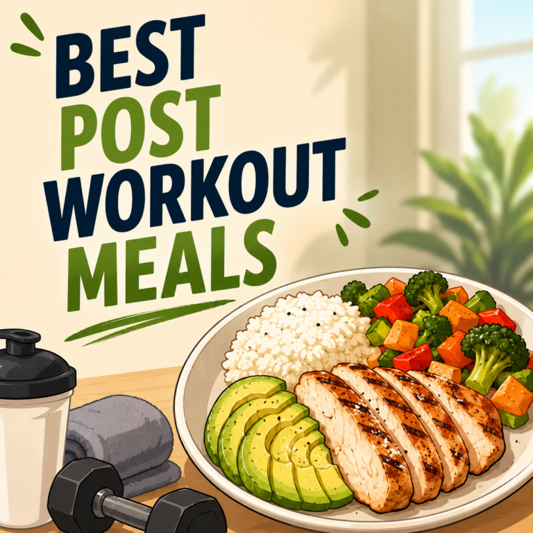 Animated illustration of healthy post-workout foods including grilled chicken, eggs, yogurt with berries, bananas, avocado toast, cottage cheese, fruit, nuts, and a protein shake, with gym equipment in the background and the text "Best Post Workout Meals."