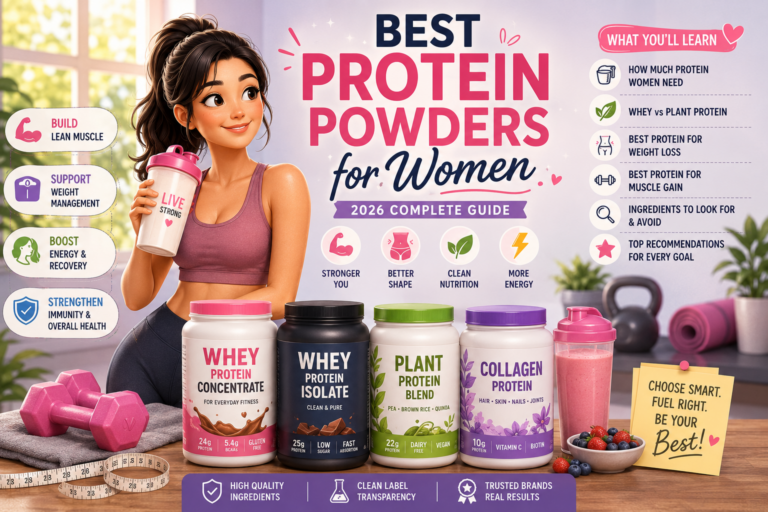 Woman holding a protein shake with healthy foods and fitness equipment