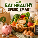 An animated illustration of a healthy grocery basket filled with fruits, vegetables, whole grains, eggs, and other affordable nutritious foods beside a shopping list and reusable grocery bags.