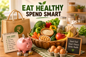 An animated illustration of a healthy grocery basket filled with fruits, vegetables, whole grains, eggs, and other affordable nutritious foods beside a shopping list and reusable grocery bags.