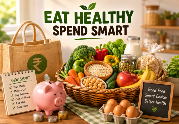 An animated illustration of a healthy grocery basket filled with fruits, vegetables, whole grains, eggs, and other affordable nutritious foods beside a shopping list and reusable grocery bags.