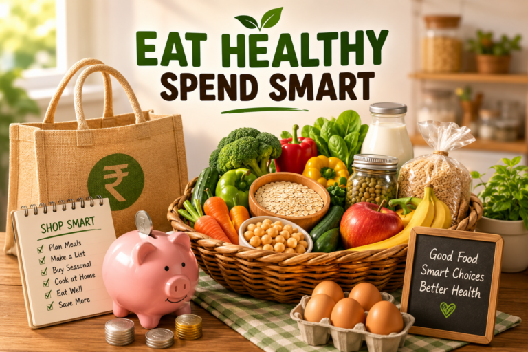 An animated illustration of a healthy grocery basket filled with fruits, vegetables, whole grains, eggs, and other affordable nutritious foods beside a shopping list and reusable grocery bags.