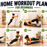 An animated illustration of a beginner performing bodyweight exercises such as squats, push-ups, glute bridges, and planks in a bright, modern living room.