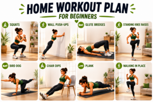 An animated illustration of a beginner performing bodyweight exercises such as squats, push-ups, glute bridges, and planks in a bright, modern living room.