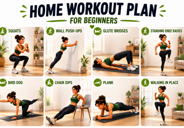 An animated illustration of a beginner performing bodyweight exercises such as squats, push-ups, glute bridges, and planks in a bright, modern living room.