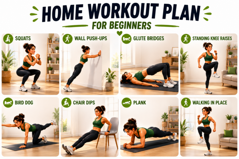 An animated illustration of a beginner performing bodyweight exercises such as squats, push-ups, glute bridges, and planks in a bright, modern living room.