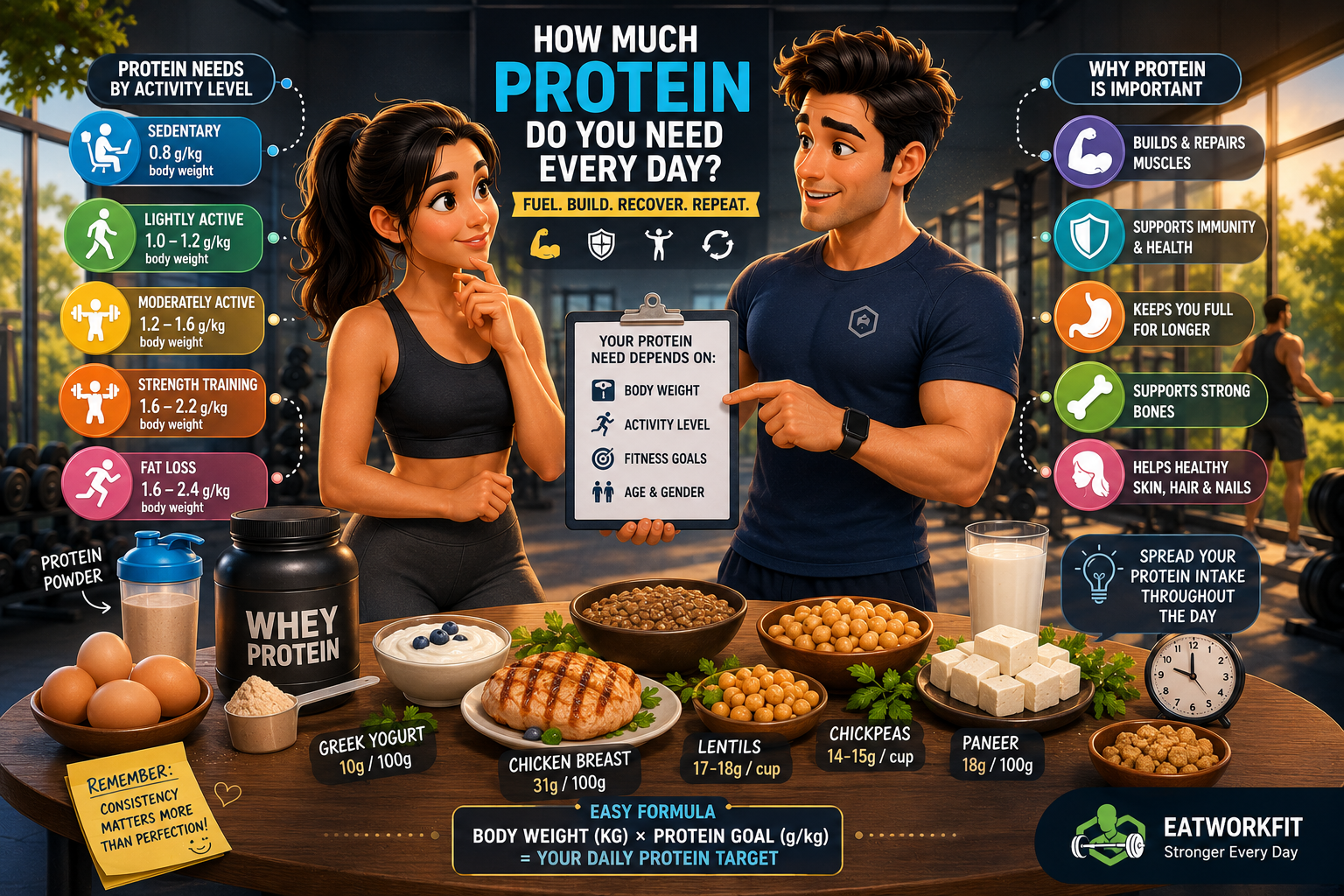 Healthy foods rich in protein including eggs, chicken, fish, lentils and dairy for daily nutrition