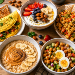 Premium animated illustration featuring five tempting protein-rich breakfasts including a vegetable omelette with toast, Greek yogurt berry bowl, paneer bhurji with roti, peanut butter banana oatmeal, and chickpea breakfast salad beautifully arranged on a modern breakfast table.