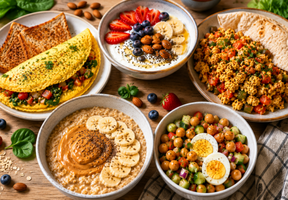 Premium animated illustration featuring five tempting protein-rich breakfasts including a vegetable omelette with toast, Greek yogurt berry bowl, paneer bhurji with roti, peanut butter banana oatmeal, and chickpea breakfast salad beautifully arranged on a modern breakfast table.