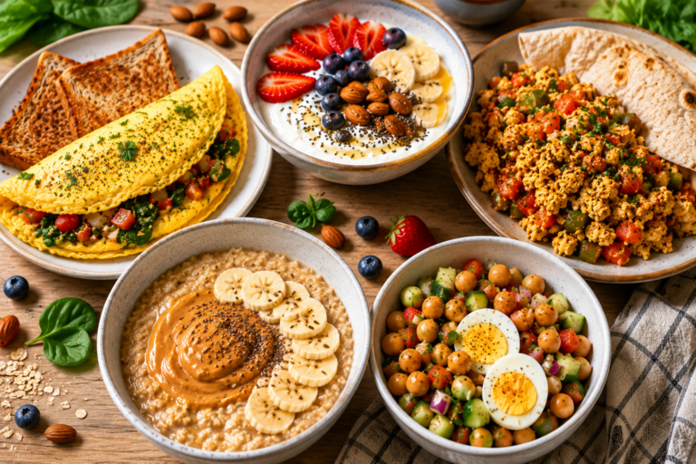 Premium animated illustration featuring five tempting protein-rich breakfasts including a vegetable omelette with toast, Greek yogurt berry bowl, paneer bhurji with roti, peanut butter banana oatmeal, and chickpea breakfast salad beautifully arranged on a modern breakfast table.