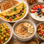 Premium animated illustration of five healthy protein-rich breakfast recipes including vegetable omelette, Greek yogurt bowl, paneer bhurji, protein oatmeal, and chickpea salad served on a modern breakfast table with fresh fruits, whole grains, and nutritious ingredients.