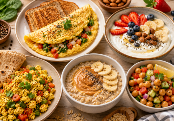 Premium animated illustration of five healthy protein-rich breakfast recipes including vegetable omelette, Greek yogurt bowl, paneer bhurji, protein oatmeal, and chickpea salad served on a modern breakfast table with fresh fruits, whole grains, and nutritious ingredients.