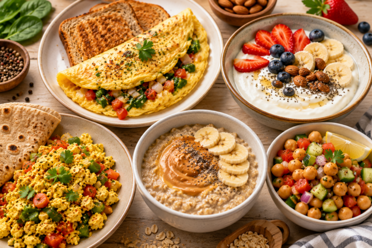 Premium animated illustration of five healthy protein-rich breakfast recipes including vegetable omelette, Greek yogurt bowl, paneer bhurji, protein oatmeal, and chickpea salad served on a modern breakfast table with fresh fruits, whole grains, and nutritious ingredients.