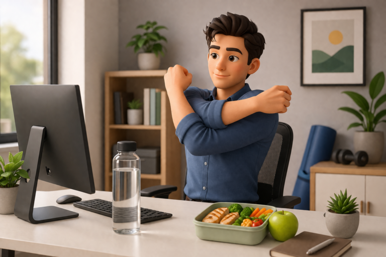 Healthy office worker sitting with proper posture at an ergonomic desk while stretching, drinking water, and eating a nutritious meal