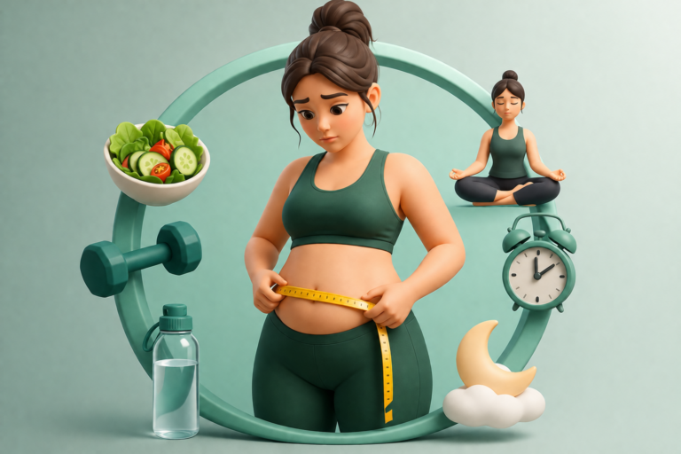 Healthy man and woman measuring waist while following nutrition and exercise plan to reduce stubborn belly fat