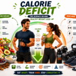 An illustrated infographic showing the concept of a calorie deficit with healthy foods, exercise, and a comparison of calories consumed versus calories burned.