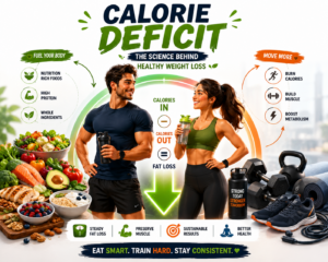 An illustrated infographic showing the concept of a calorie deficit with healthy foods, exercise, and a comparison of calories consumed versus calories burned.