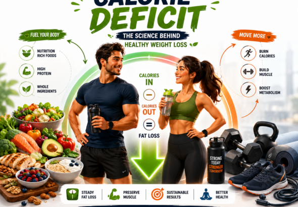 An illustrated infographic showing the concept of a calorie deficit with healthy foods, exercise, and a comparison of calories consumed versus calories burned.