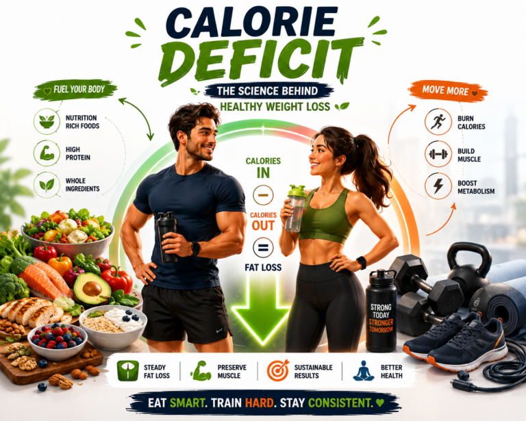 An illustrated infographic showing the concept of a calorie deficit with healthy foods, exercise, and a comparison of calories consumed versus calories burned.