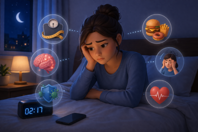Healthy person sleeping peacefully at night with moonlight while healthy foods, dumbbells, and a clock symbolize better sleep, recovery, and weight management