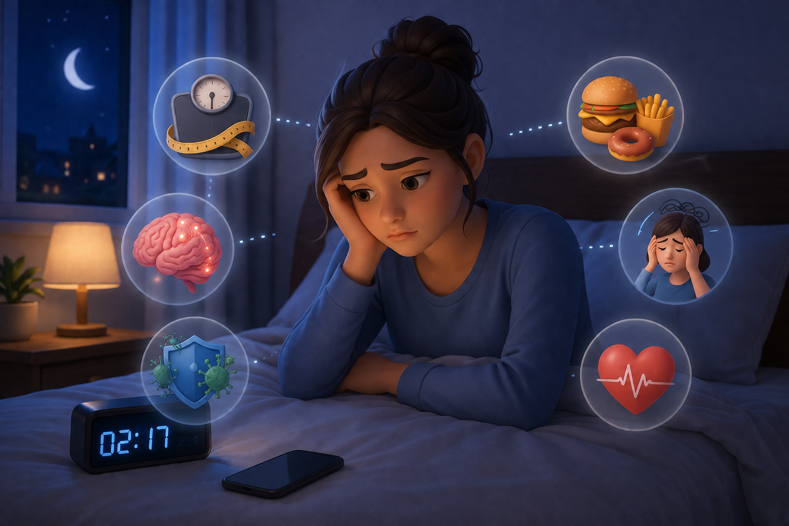 Healthy person sleeping peacefully at night with moonlight while healthy foods, dumbbells, and a clock symbolize better sleep, recovery, and weight management