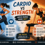 Split-screen illustrated comparison of a woman performing cardio on a treadmill and strength training with dumbbells, showing the differences in calorie burn, muscle building, metabolism, and fat loss.