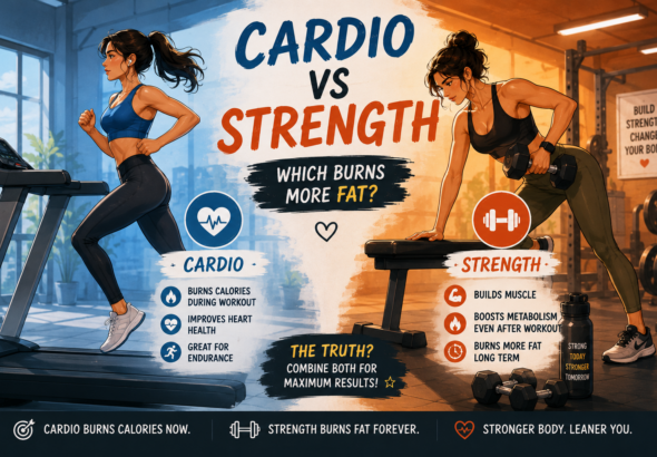 Split-screen illustrated comparison of a woman performing cardio on a treadmill and strength training with dumbbells, showing the differences in calorie burn, muscle building, metabolism, and fat loss.