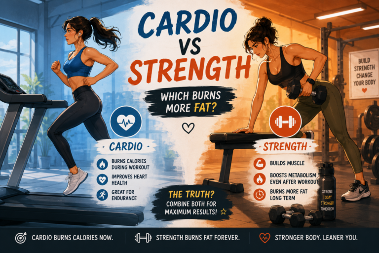 Split-screen illustrated comparison of a woman performing cardio on a treadmill and strength training with dumbbells, showing the differences in calorie burn, muscle building, metabolism, and fat loss.