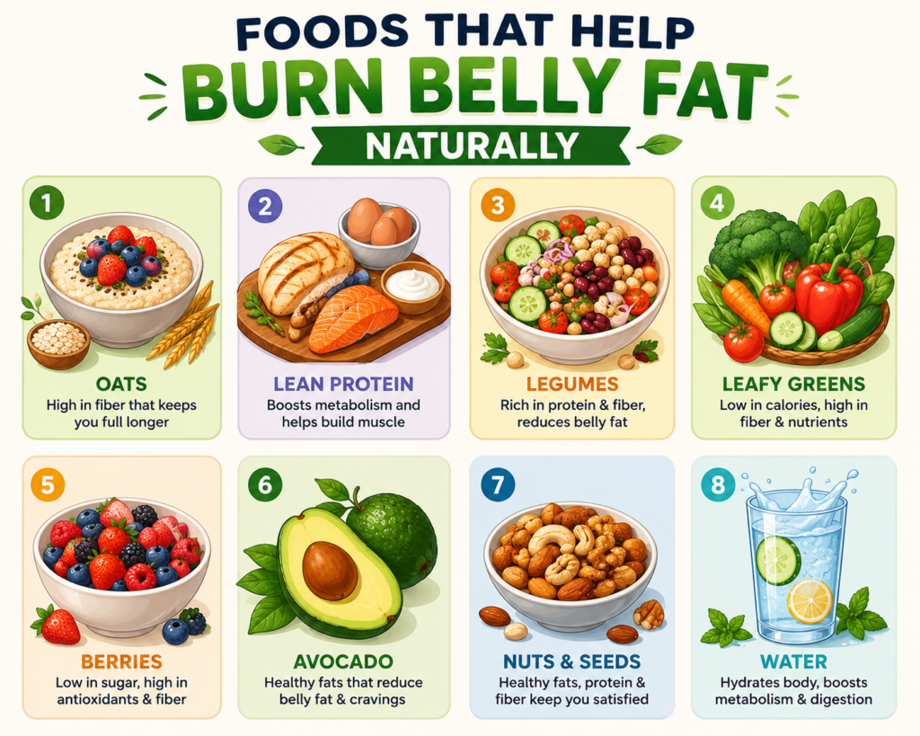 A premium animated illustration showing a healthy man transforming from excess belly fat to a leaner physique through balanced nutrition, strength training, cardio workouts, hydration, and healthy lifestyle habits, surrounded by nutritious foods and fitness equipment.