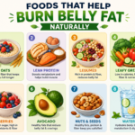 A premium animated illustration showing a healthy man transforming from excess belly fat to a leaner physique through balanced nutrition, strength training, cardio workouts, hydration, and healthy lifestyle habits, surrounded by nutritious foods and fitness equipment.