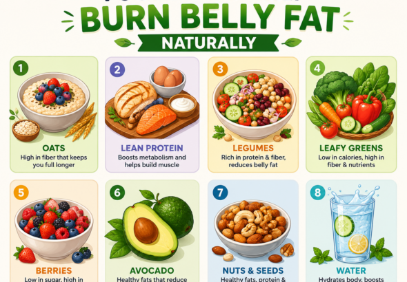 A premium animated illustration showing a healthy man transforming from excess belly fat to a leaner physique through balanced nutrition, strength training, cardio workouts, hydration, and healthy lifestyle habits, surrounded by nutritious foods and fitness equipment.
