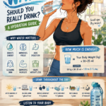 Illustrated infographic of a fit woman drinking water with hydration tips, daily water intake guidance, and the benefits of staying hydrated for health and fitness.
