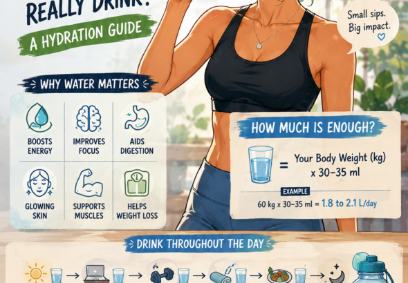 Illustrated infographic of a fit woman drinking water with hydration tips, daily water intake guidance, and the benefits of staying hydrated for health and fitness.