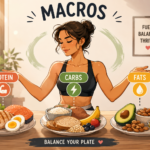 Illustrated infographic showing a healthy woman balancing protein, carbohydrates, and healthy fats with nutritious whole foods to demonstrate a balanced diet.