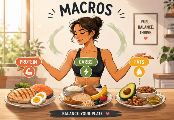 Illustrated infographic showing a healthy woman balancing protein, carbohydrates, and healthy fats with nutritious whole foods to demonstrate a balanced diet.
