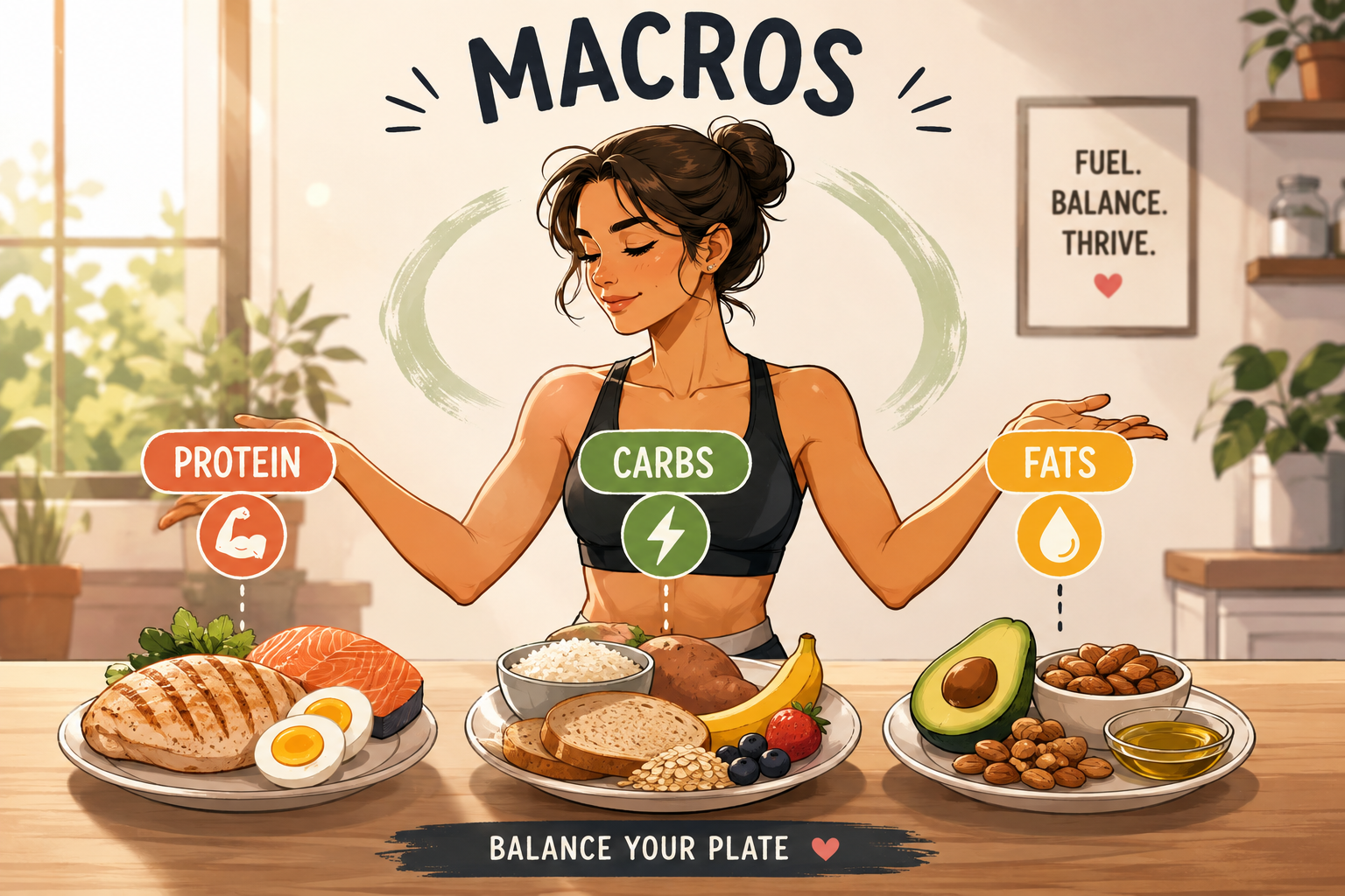 Illustrated infographic showing a healthy woman balancing protein, carbohydrates, and healthy fats with nutritious whole foods to demonstrate a balanced diet.