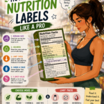 Illustrated woman reading a nutrition facts label on a packaged food item in a supermarket, highlighting serving size, calories, protein, fiber, added sugars, sodium, and daily values.