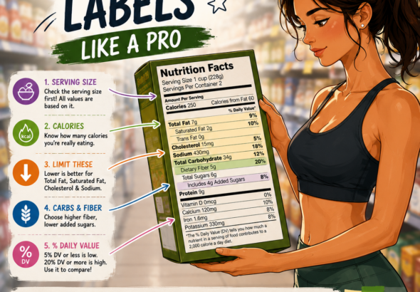 Illustrated woman reading a nutrition facts label on a packaged food item in a supermarket, highlighting serving size, calories, protein, fiber, added sugars, sodium, and daily values.