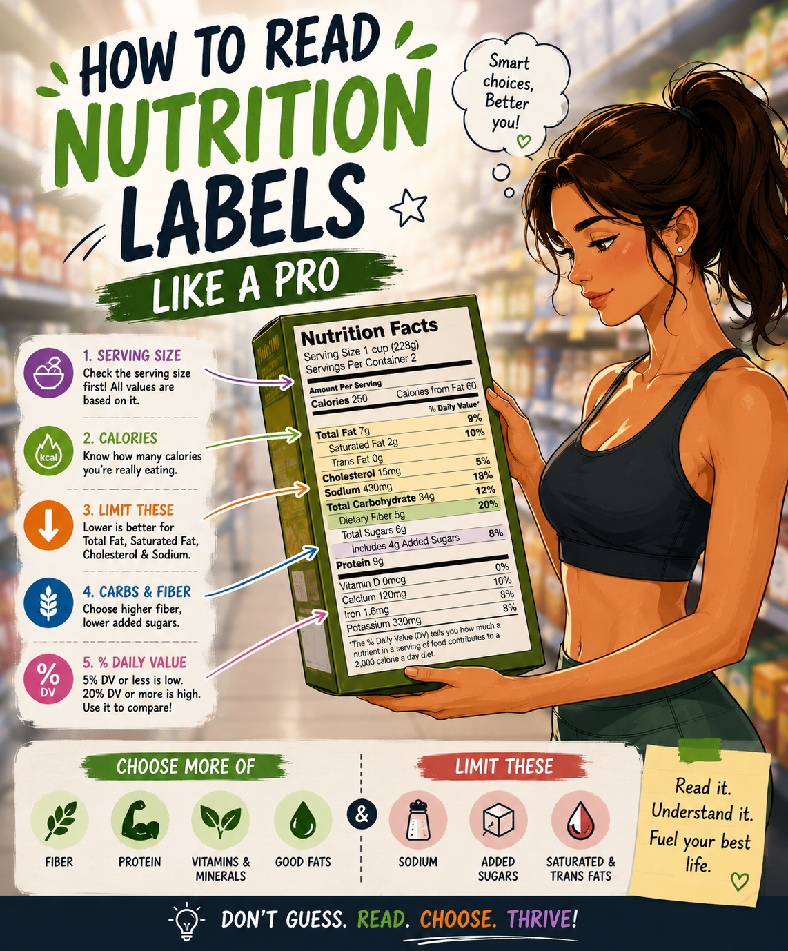 Illustrated woman reading a nutrition facts label on a packaged food item in a supermarket, highlighting serving size, calories, protein, fiber, added sugars, sodium, and daily values.