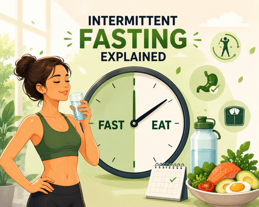 A premium animated illustration of a healthy woman beside a large clock divided into fasting and eating windows, with wholesome foods, water, and wellness icons representing intermittent fasting, healthy eating, metabolism, and weight management.