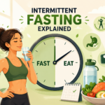 A premium animated illustration of a healthy woman beside a large clock divided into fasting and eating windows, with wholesome foods, water, and wellness icons representing intermittent fasting, healthy eating, metabolism, and weight management.