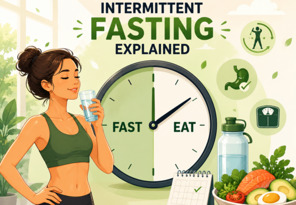 A premium animated illustration of a healthy woman beside a large clock divided into fasting and eating windows, with wholesome foods, water, and wellness icons representing intermittent fasting, healthy eating, metabolism, and weight management.